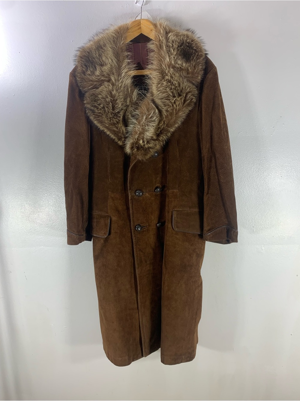 Vintage 1970s/80s Bevet Suede Leather Shearling Coat Fur Collar Long Coat